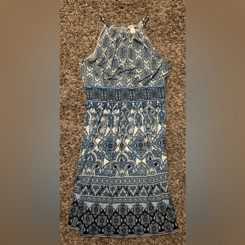 London Times Midi Dress Blue Paisley Floral Silky & Stretchy Sleeveless Beach